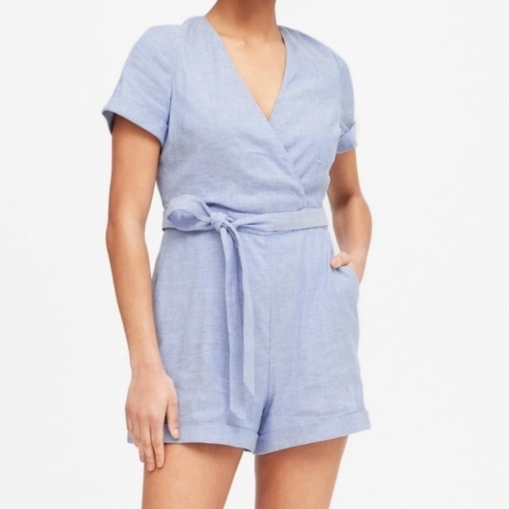 Banana Republic blue linen cotton blend wrap Romper jumpsuit shorts size 0